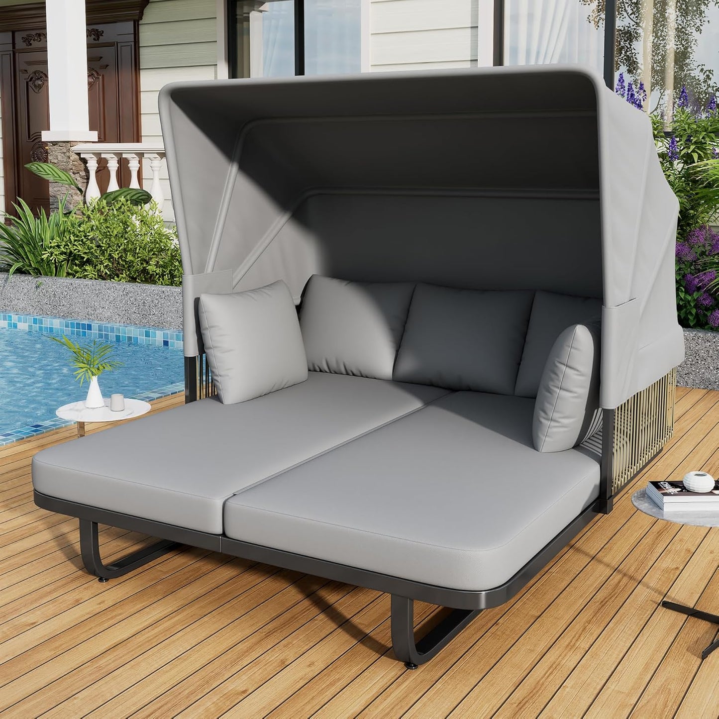 kevinplus Outdoor Patio Sunbed Daybed Double Lounge with Adjustable Canopy for Garden Backyard Pool, Iron Frame & Rattan Material & Moveable Cushion Cover, Gray