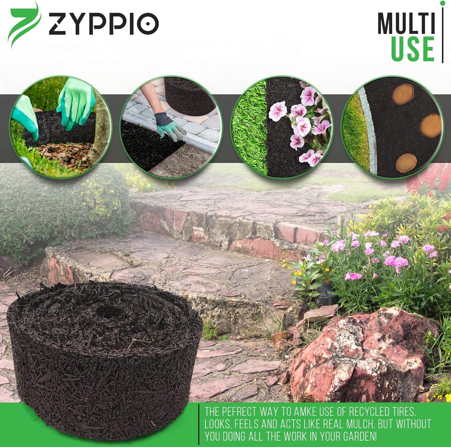 Black Rubber Mulch Border for Landscaping, 10', 120” x 4.5” Roll, Natural-Looking Permanent Garden Barrier for Plants, Vegetables, and Flowers, Recycled and Sustainable, 15 Plastic Anchors Included