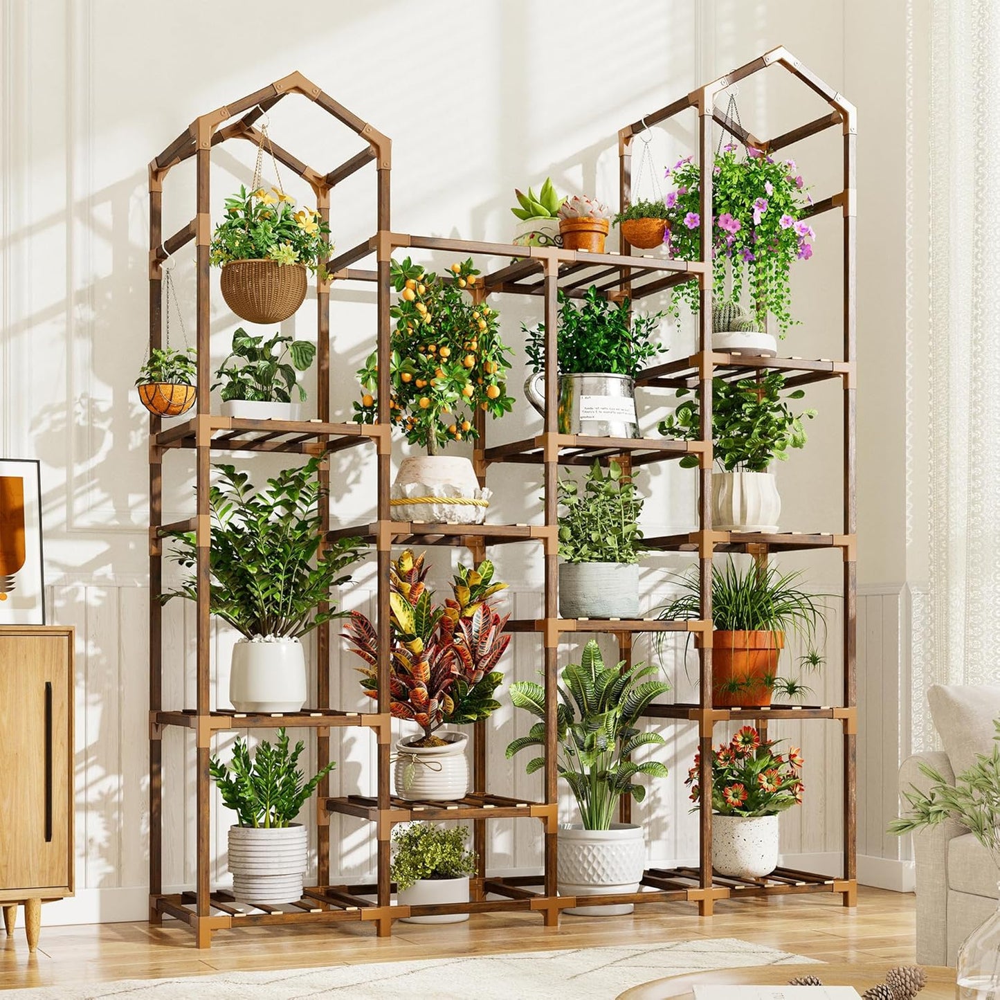 EnHomee Plant Stand Indoor Plant Stands Outdoor Tall Plant Shelf for 15-21 Pots Corner Tiered Plants Stands for Multiple Plants Wood Hanging Plants Holder for Garden Balcony Patio Window Porch