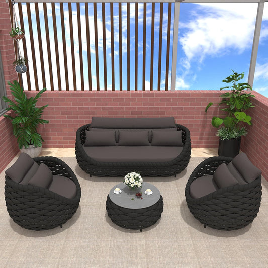 Aluminum Modern Patio Set Three Seater Sofa Outdoor Furniture Set w/Coffee Table,Patio Conversation Set with Hand Woven Teslin Rope for Bedroom Backyard Poolside, Dark Grey