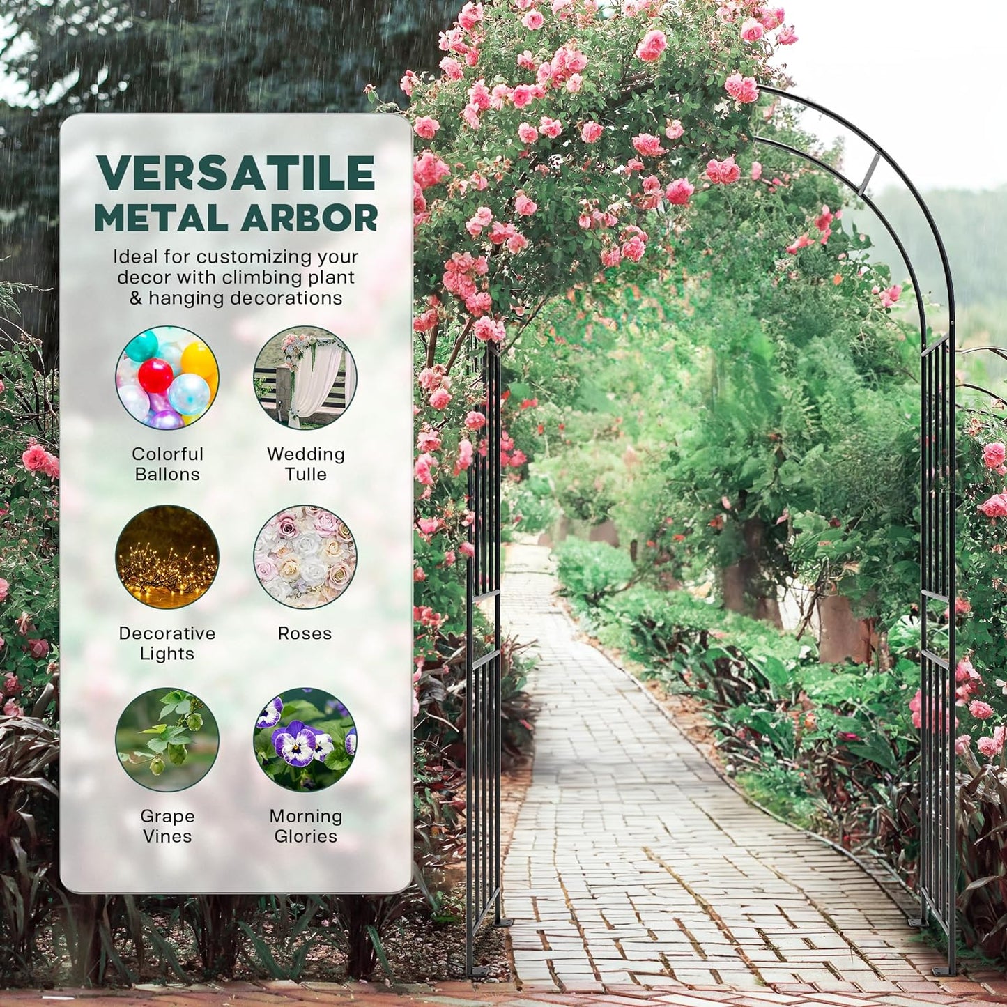 IDZO 86in Metal Garden Arbor Arch, Sturdy & Durable Trellis with Ground Stakes, 3 Installation Options, Ideal for Climbing Plants & Outdoor Decoration