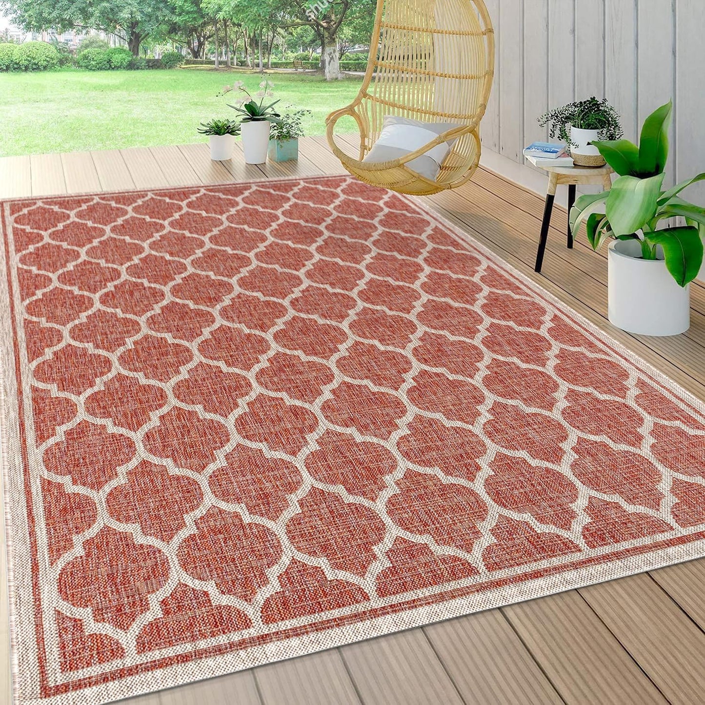 Eyely BMS109C-4 Santa Monica Trebol Moroccan Trellis Textured Weave Indoor/Outdoor Area Rug Coastal;Bohemian, Bedroom, Backyard, Patio, Easy-Cleaning, Non-Shedding, 4 X 6, Red/Beige
