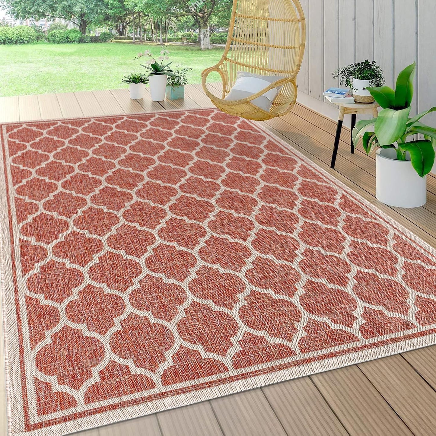 Eyely BMS109C-6 Santa Monica Trebol Moroccan Trellis Textured Weave, Pet Friendly, Non-Shedding, Stain Resistant, Easy-Cleaning, Red/Beige, 6 ft. x 9 ft., Indoor/Outdoor, Area Rug
