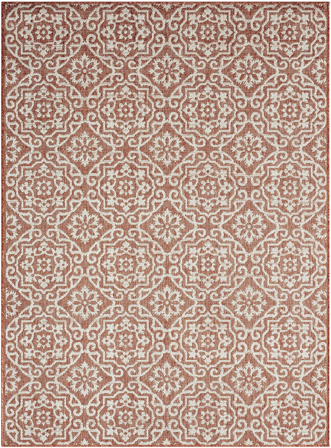Nicole Miller New York Patio Country Julia Transitional Geometric Indoor/Outdoor Area Rug, Terracotta/Ivory, 7'9"x10'2"