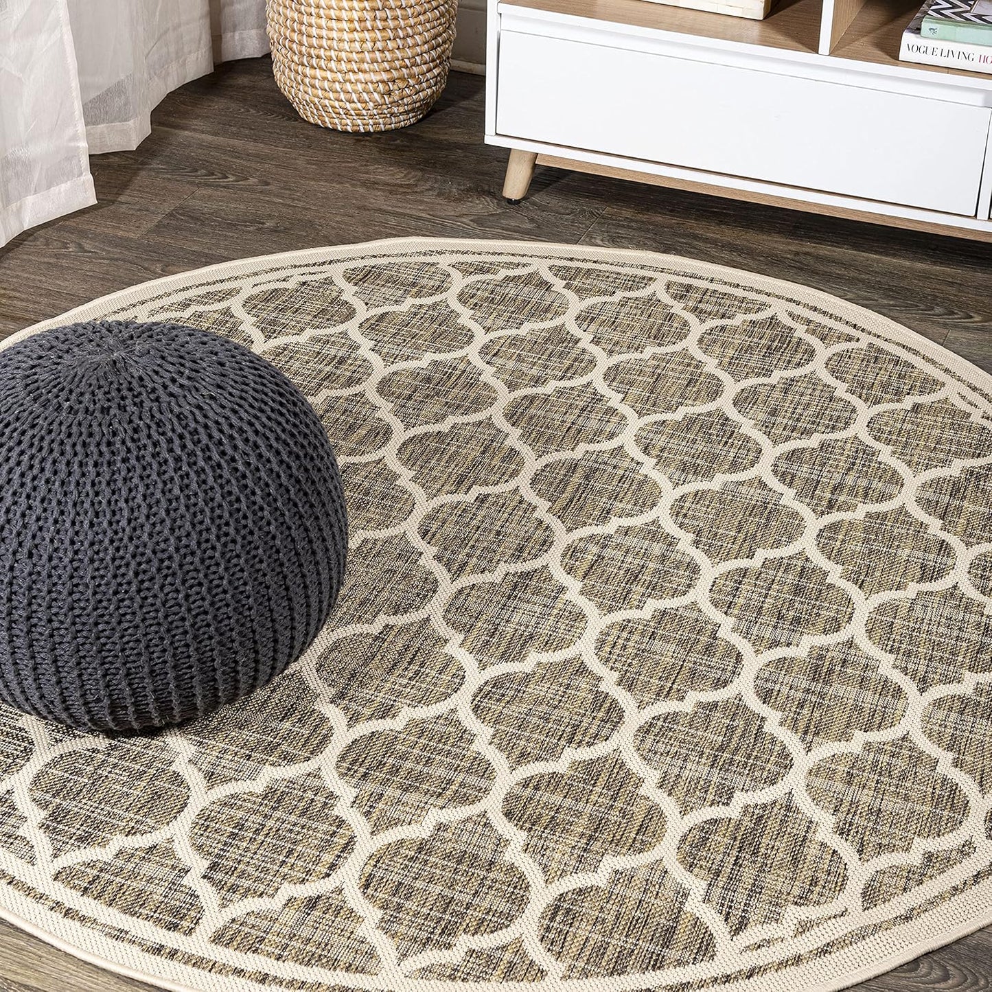 Eyely BMS109A-4R Santa Monica Trebol Moroccan Trellis Textured Weave, Pet Friendly, Non-Shedding, Stain Resistant, Easy-Cleaning, Brown/Beige, 4' Round, Indoor/Outdoor, Area Rug