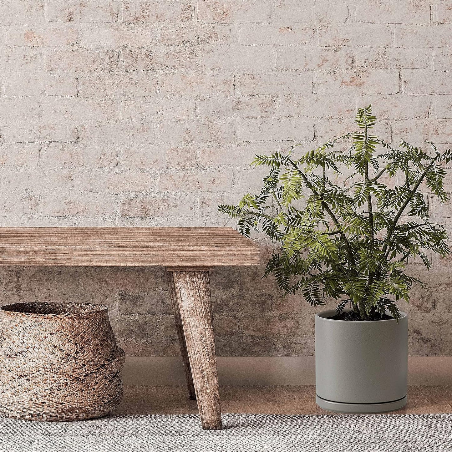 D'vine Dev 8 Inch Ceramic Planter Pot with Drainage Hole and Saucer, Indoor Cylinder Round Planter Pot, Grey, 94-O-D-3