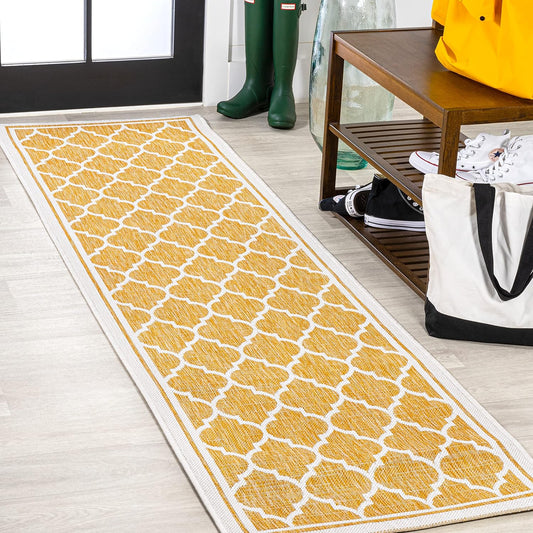 Eyely BMS109F-28 Santa Monica Trebol Moroccan Trellis Textured Weave Indoor/Outdoor Runner Rug Coastal;Bohemian, Bedroom, Backyard, Patio, Easy-Cleaning, Non-Shedding, 2 X 8, Yellow/Cream