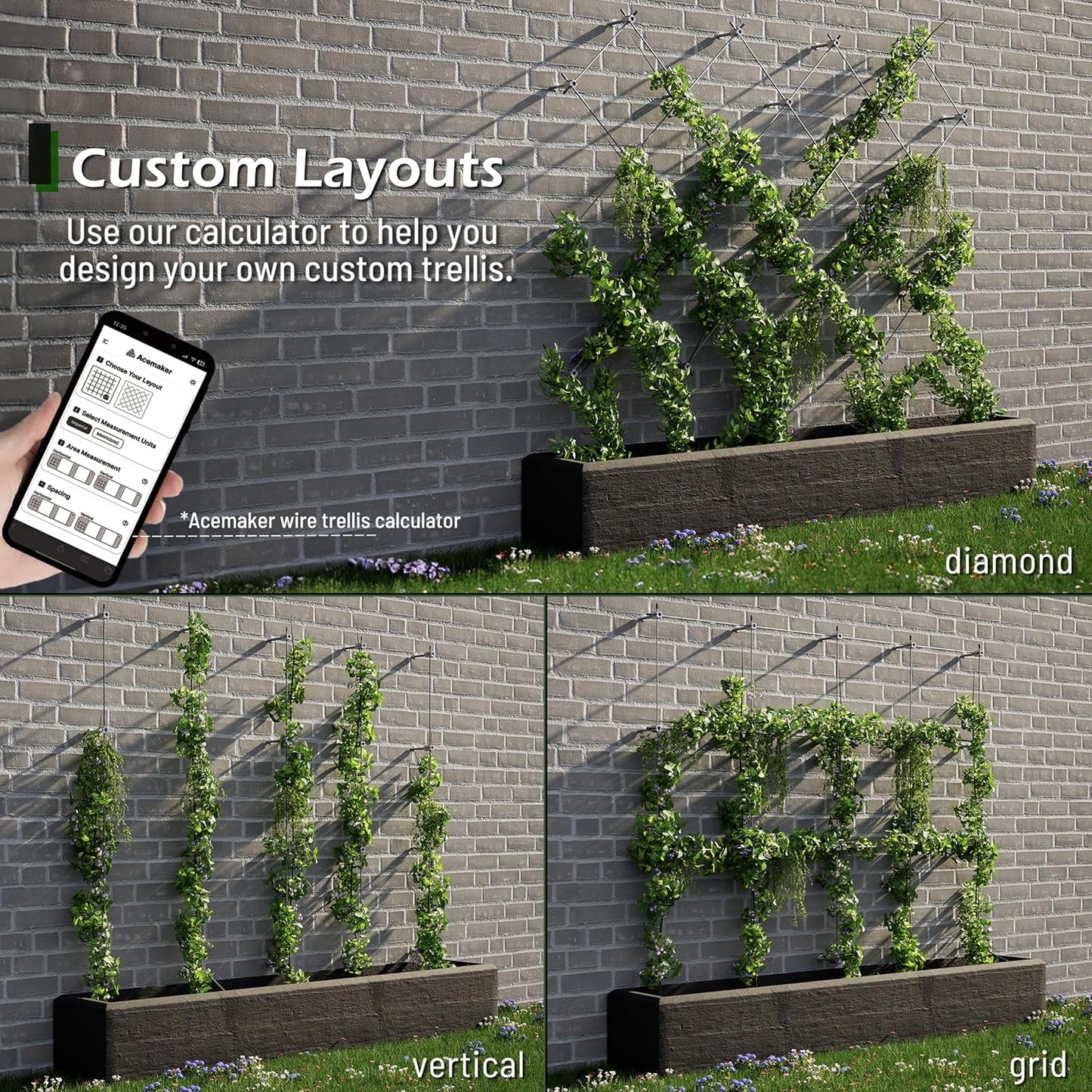 Wire Trellis for Climbing Plants Outdoor, 30-Set Wall Wire Trellis Kit with 1/8in x 150ft Stainless Steel Cable, T316 Espalier System for Fence and Garden DIY Projects