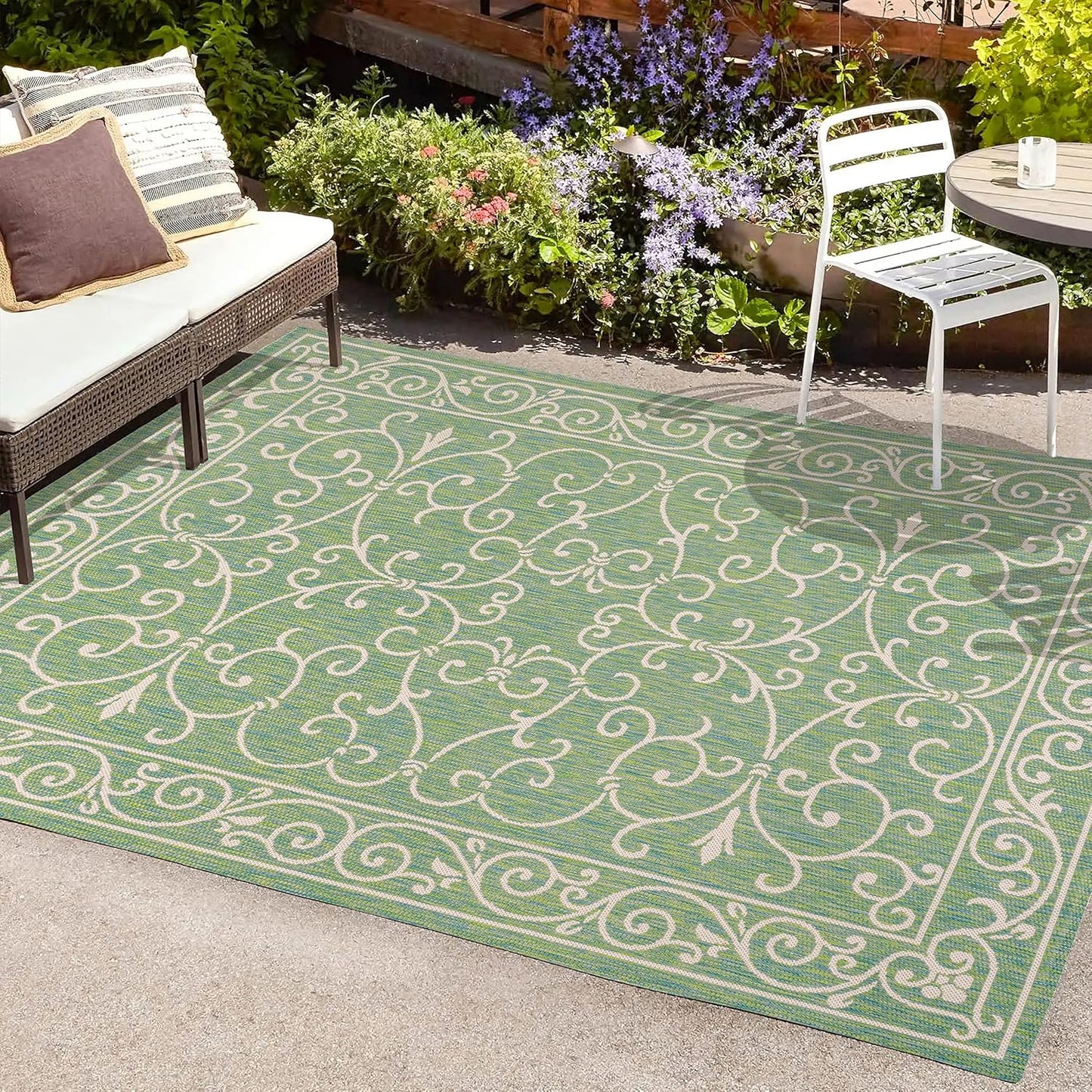 JONATHAN Y SMB106K-5 Charleston Vintage Filigree Textured Weave Indoor Outdoor Area Rug, Classic Traditional Easy-Cleaning,Bedroom,Kitchen,Backyard,Patio,Non Shedding, 5 X 8, Green/Ivory