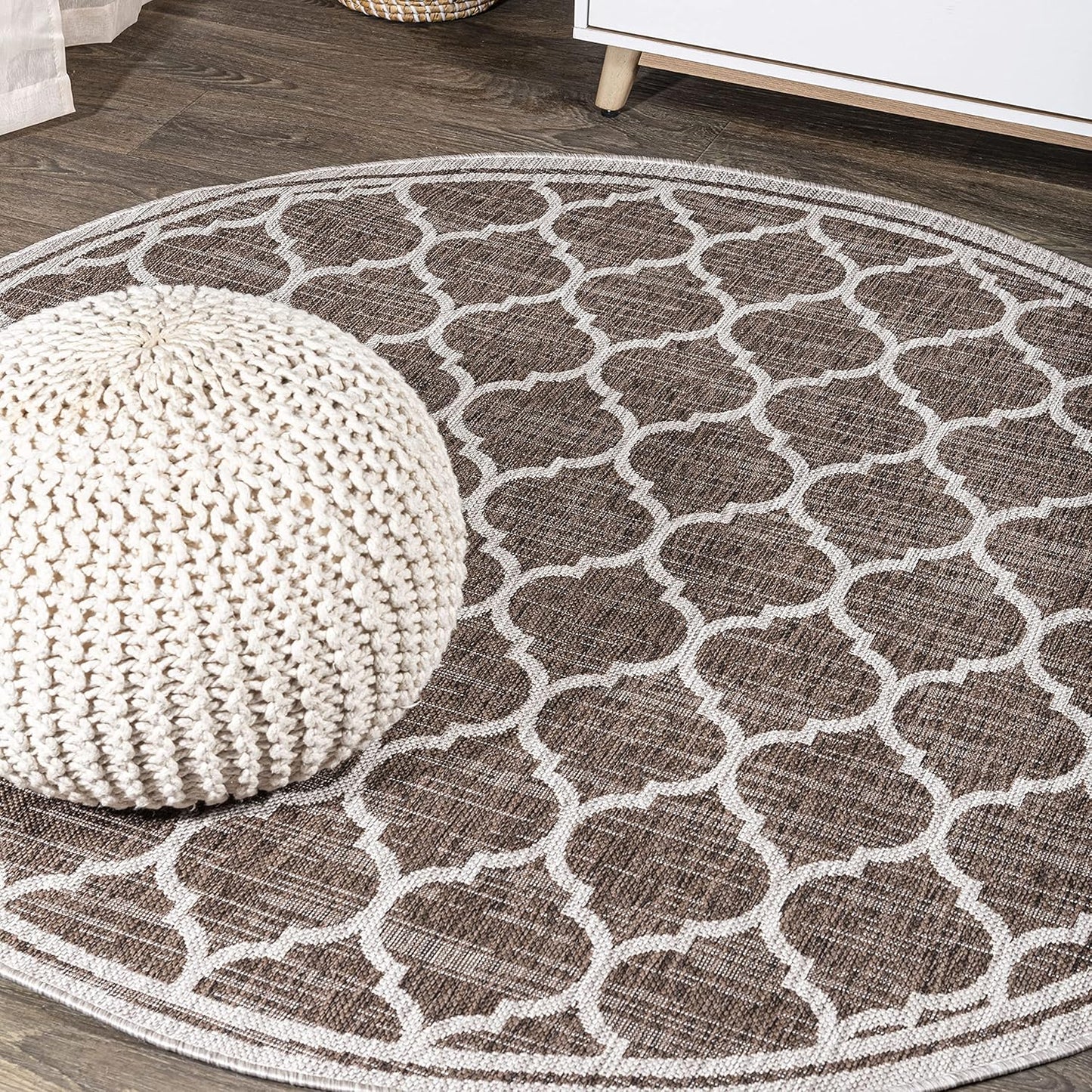Eyely BMS109B-4R Santa Monica Trebol Moroccan Trellis Textured Weave, Pet Friendly, Non-Shedding, Stain Resistant, Easy-Cleaning, Espresso/Taupe, 4' Round, Indoor/Outdoor, Area Rug