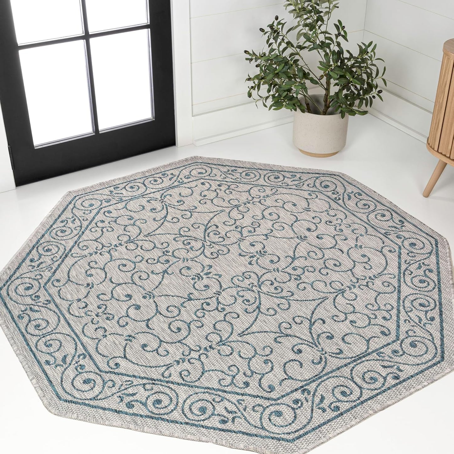 JONATHAN Y SMB106E-8TGN Charleston Vintage Filigree Textured Weave Gray/Teal 8' Octagon Indoor/Outdoor Area Rug, Non-Shedding, Stain Resistant,Fade Resistant, Easy-Cleaning for Backyard Patio, Porch
