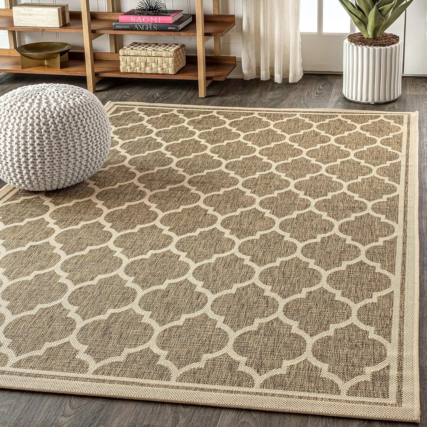 Eyely BMS109A-4 Santa Monica Trebol Moroccan Trellis Textured Weave Indoor/Outdoor Area Rug Coastal;Bohemian, Bedroom, Backyard, Patio, Easy-Cleaning, Non-Shedding, 4 X 6, Brown/Beige