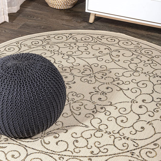 JONATHAN Y SMB106A-4R Charleston Vintage Filigree Textured Weave Beige/Brown 4' Round Indoor/Outdoor Area Rug, Pet Friendly, Non-Shedding, Stain Resistant, Easy-Cleaning for Backyard, Patio, Porch