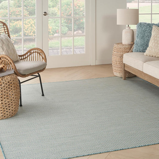 Nourison Home Courtyard Indoor/Outdoor Ivory/Aqua 8' x Square Area Rug, Easy Clean, Non Shedding, Bed Room, Living Room, Dining Room, Backyard, Deck, Patio (8 Square)