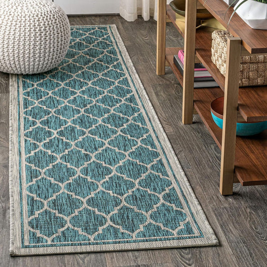Eyely BMS109E-210 Santa Monica Trebol Moroccan Trellis Textured Weave Indoor/Outdoor Runner Rug Coastal;Bohemian, Bedroom, Backyard, Patio, Easy-Cleaning, Non-Shedding, 2 X 10, Teal/Gray