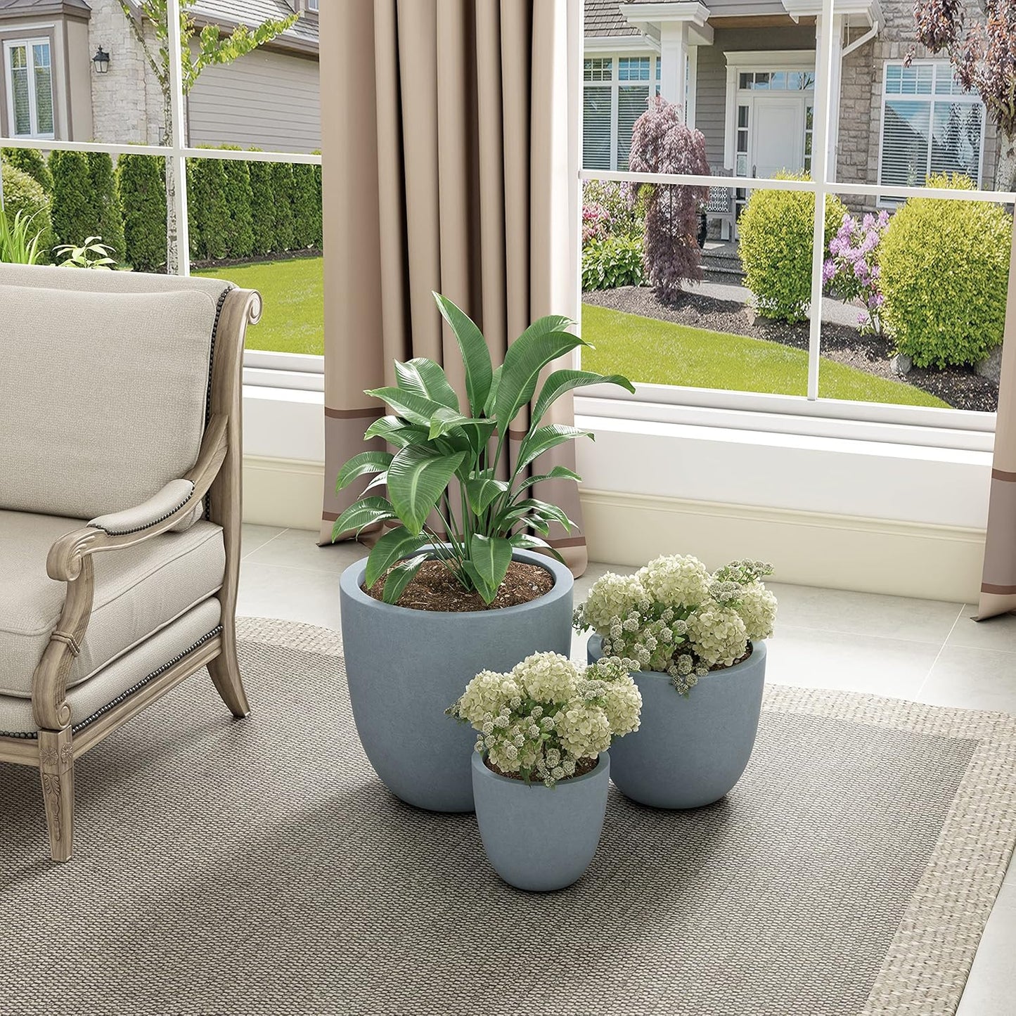 Kante 18",14",10" Dia Concrete Round Planters (Set of 3), Outdoor Indoor Large Planter Pots with Drainage Hole and Rubber Plug for Home Patio Garden, Gray