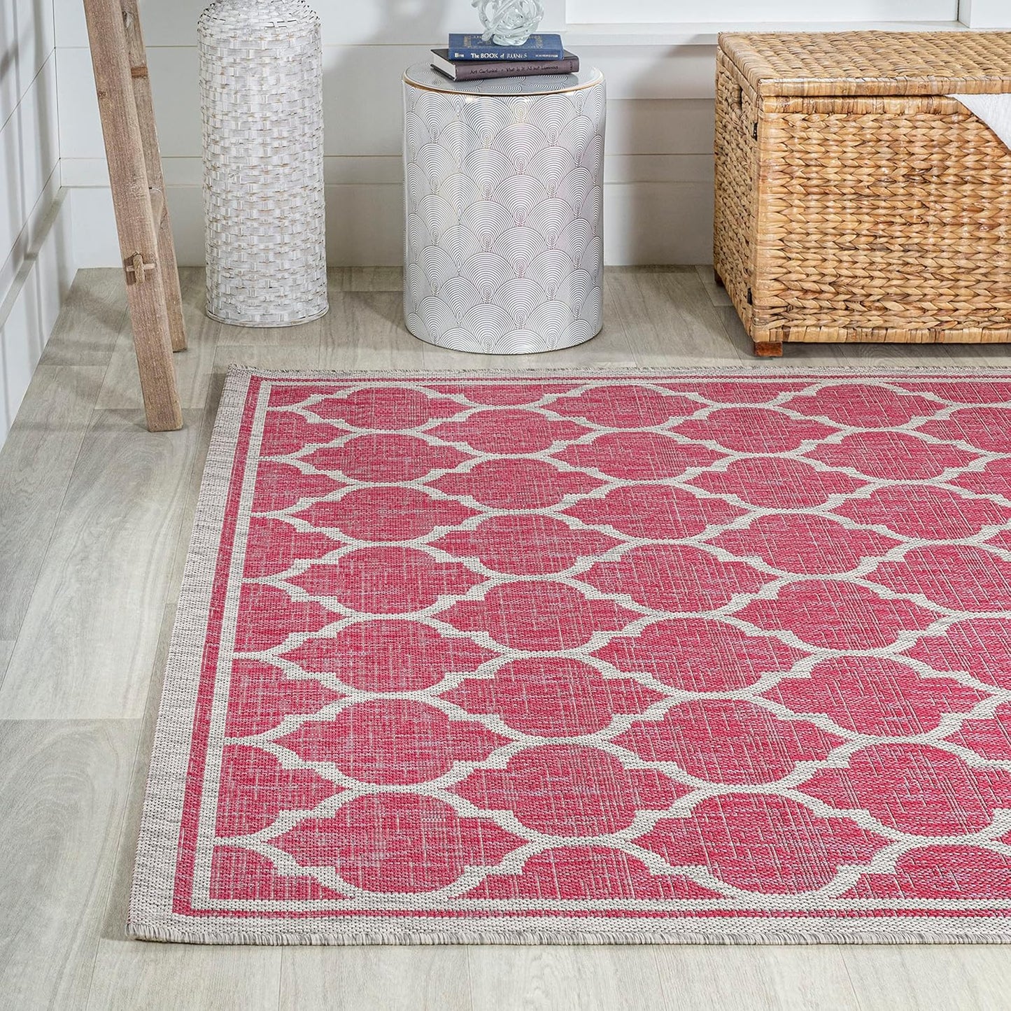 Eyely BMS109H-3 Santa Monica Trebol Moroccan Trellis Textured Weave Indoor/Outdoor Area Rug Coastal;Bohemian, Bedroom, Backyard, Patio, Easy-Cleaning, Non-Shedding, 3 X 5, Fuchsia/Light Gray