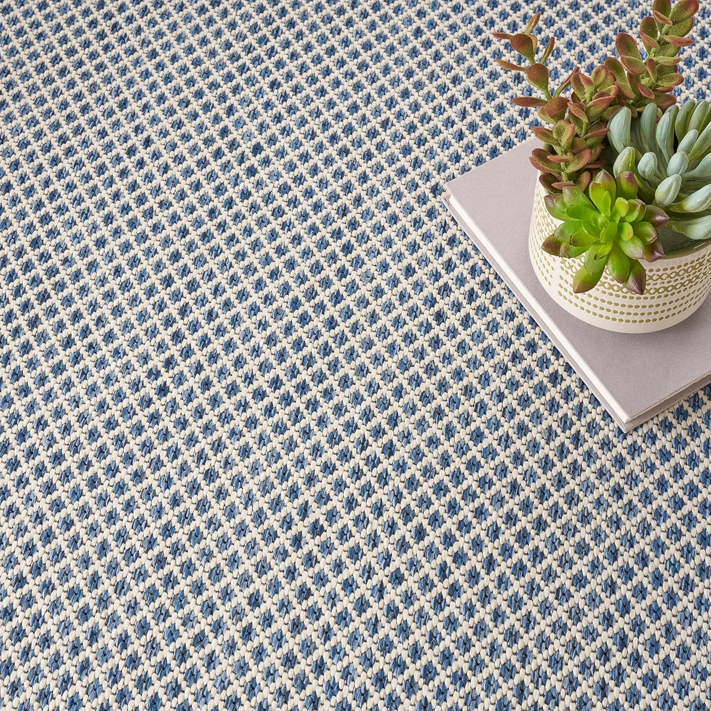 Nourison Home Courtyard Indoor/Outdoor Ivory Blue 4' x Round Area Rug, Easy Cleaning, Non Shedding, Bed Room, Living Room, Dining Room, Backyard, Deck, Patio (4 Round)