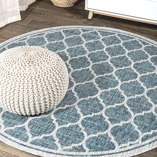 Eyely BMS109E-4R Santa Monica Trebol Moroccan Trellis Textured Weave, Pet Friendly, Non-Shedding, Stain Resistant, Easy-Cleaning, Teal/Gray, 4' Round, Indoor/Outdoor, Area Rug