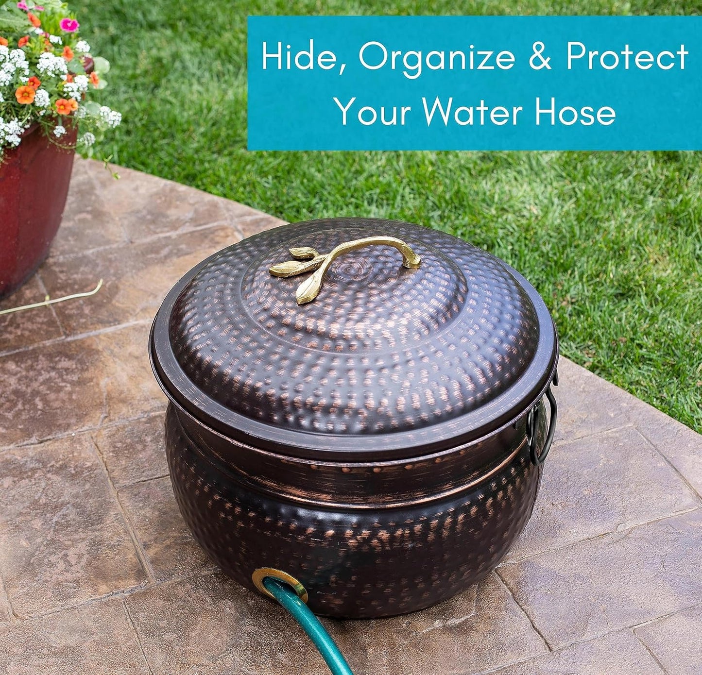 BirdRock Home Water Hose Holder - Decorative Metal Pot, Indoor or Outdoor, Garden Storage Organizer, Patio Portable Bucket - Distressed Bronze, Holds up to 200ft Hoses, Large with Lid