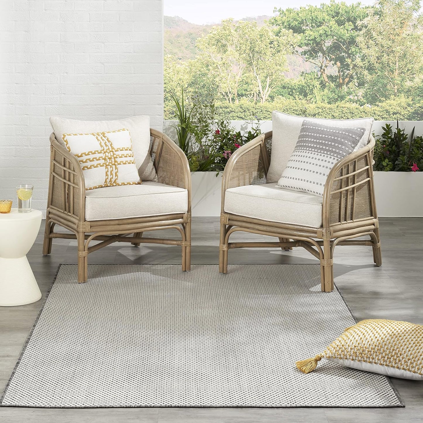 Nourison Courtyard Indoor/Outdoor Ivory Charcoal 5' x 7' Area Rug, Geometric, Easy Cleaning, Non Shedding, Bed Room, Living Room, Dining Room, Deck, Patio, Backyard (5x7)