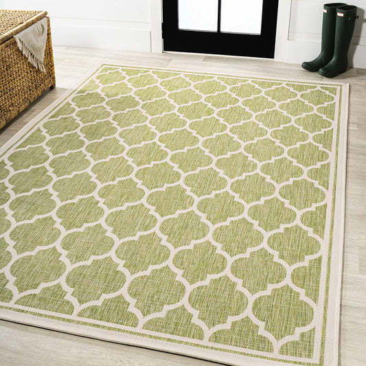 Eyely BMS109G-4 Santa Monica Trebol Moroccan Trellis Textured Weave Indoor/Outdoor Area Rug Coastal;Bohemian, Bedroom, Backyard, Patio, Easy-Cleaning, Non-Shedding, 4 X 6, Green/Cream