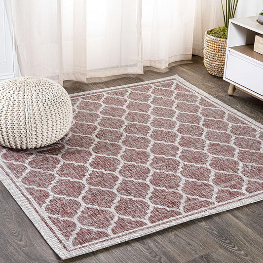 Eyely BMS109C-6SQ Santa Monica Trebol Moroccan Trellis Textured Weave, Pet Friendly, Non-Shedding, Stain Resistant, Easy-Cleaning, Red/Beige, 6' Square, Indoor/Outdoor, Area Rug