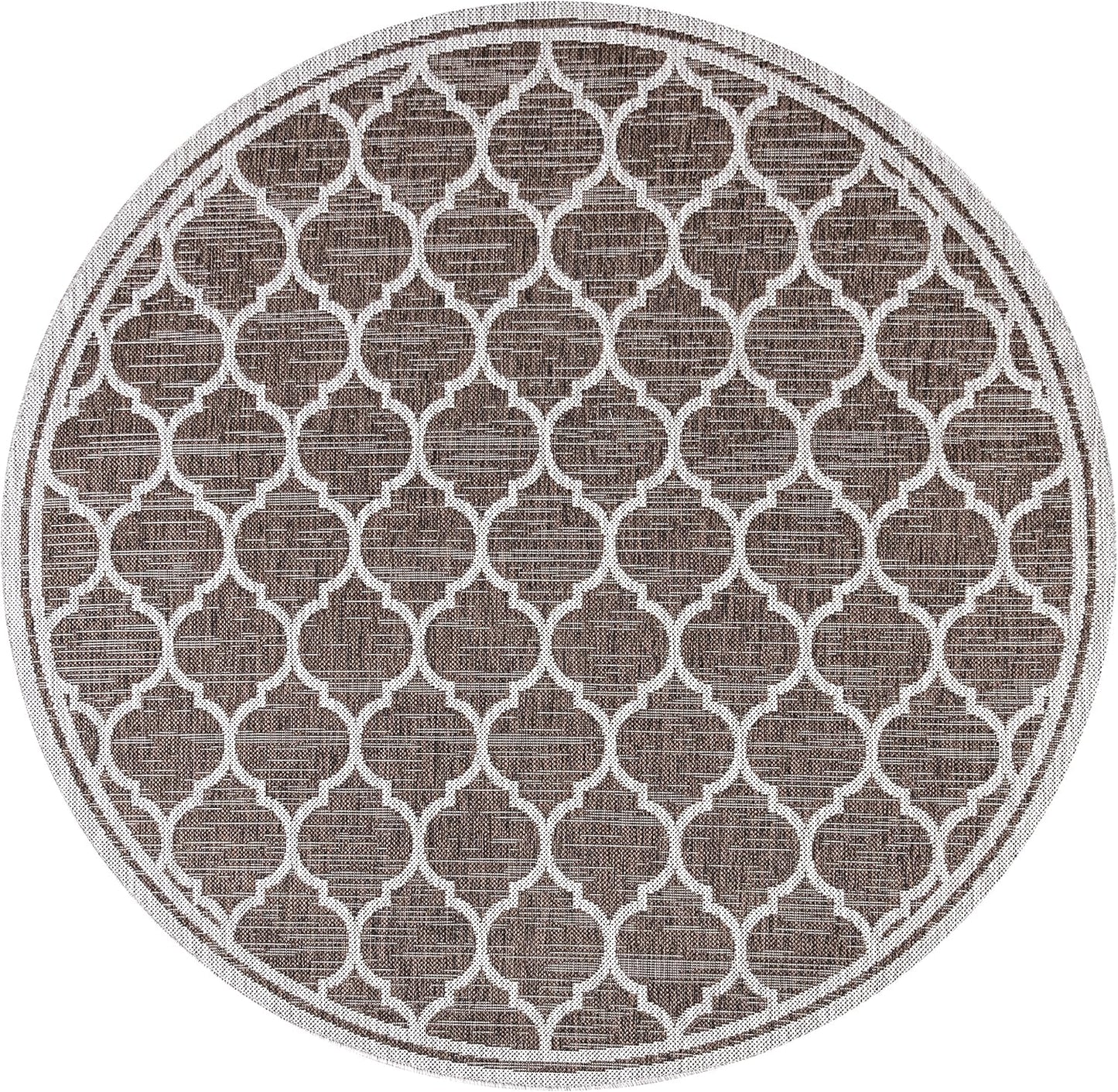 Eyely BMS109B-5R Santa Monica Trebol Moroccan Trellis Textured Weave Indoor/Outdoor Area Rug Coastal;Bohemian, Bedroom, Backyard, Patio, Easy-Cleaning, Non-Shedding, 5' Round, Espresso/Taupe