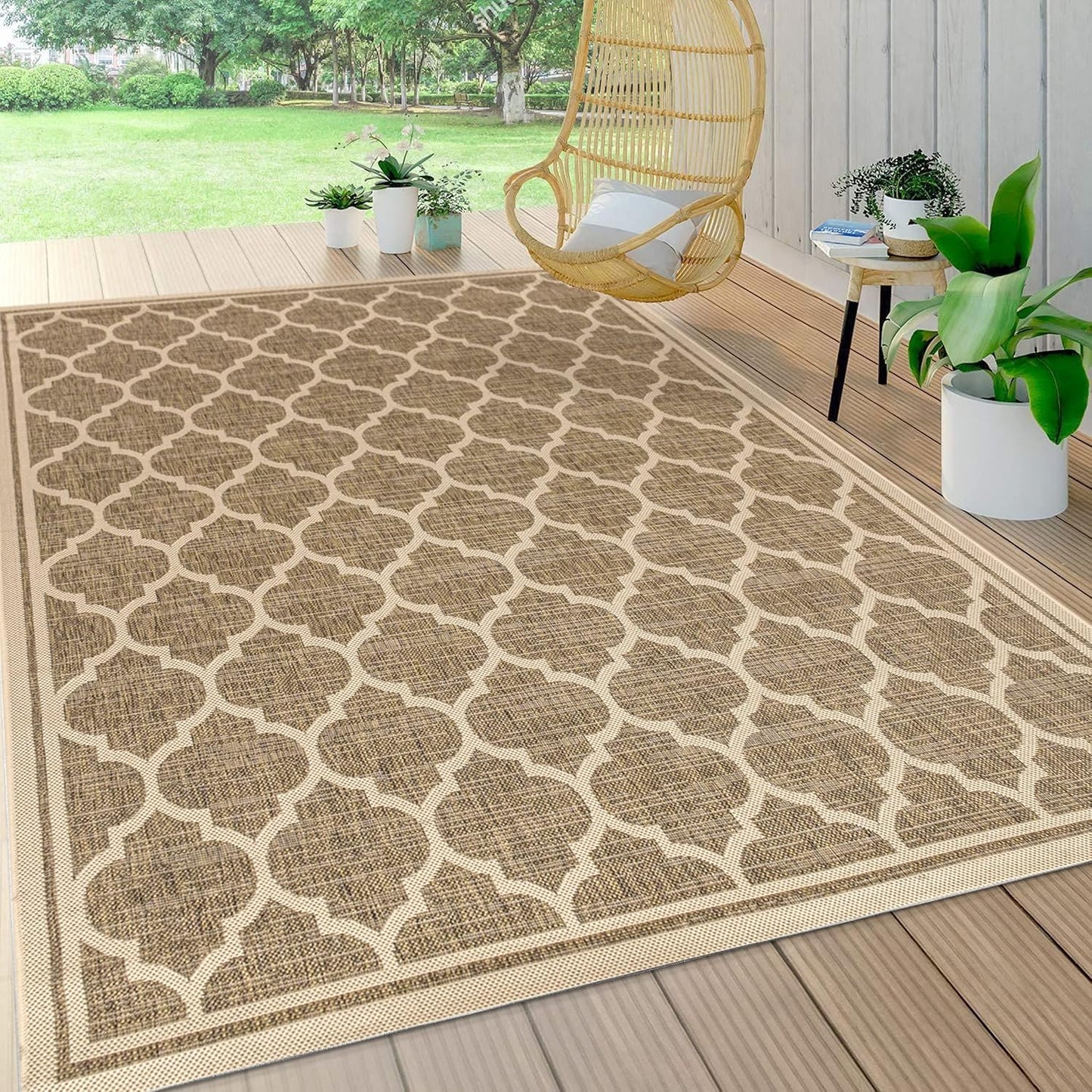 Eyely BMS109A-3 Santa Monica Trebol Moroccan Trellis Textured Weave Indoor/Outdoor Area Rug Coastal;Bohemian, Bedroom, Backyard, Patio, Easy-Cleaning, Non-Shedding, 3 X 5, Brown/Beige