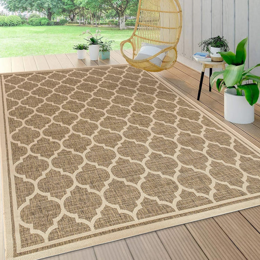 Eyely BMS109A-3 Santa Monica Trebol Moroccan Trellis Textured Weave Indoor/Outdoor Area Rug Coastal;Bohemian, Bedroom, Backyard, Patio, Easy-Cleaning, Non-Shedding, 3 X 5, Brown/Beige