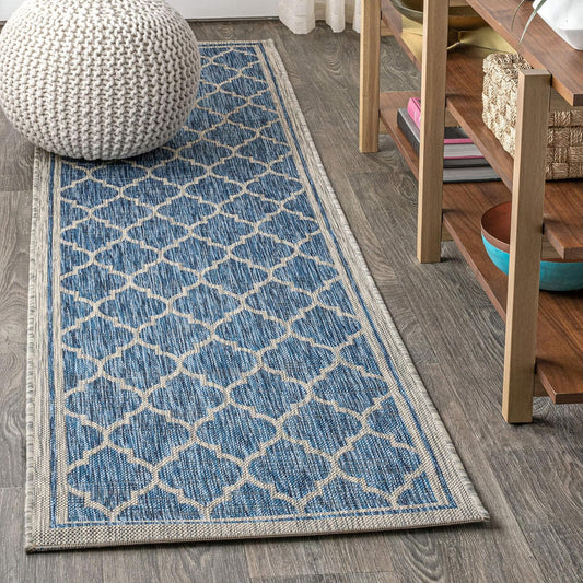 Eyely BMS109D-210 Santa Monica Trebol Moroccan Trellis Textured Weave Indoor/Outdoor Runner Rug Coastal;Bohemian, Bedroom, Backyard, Patio, Easy-Cleaning, Non-Shedding, 2 X 10, Navy/Gray