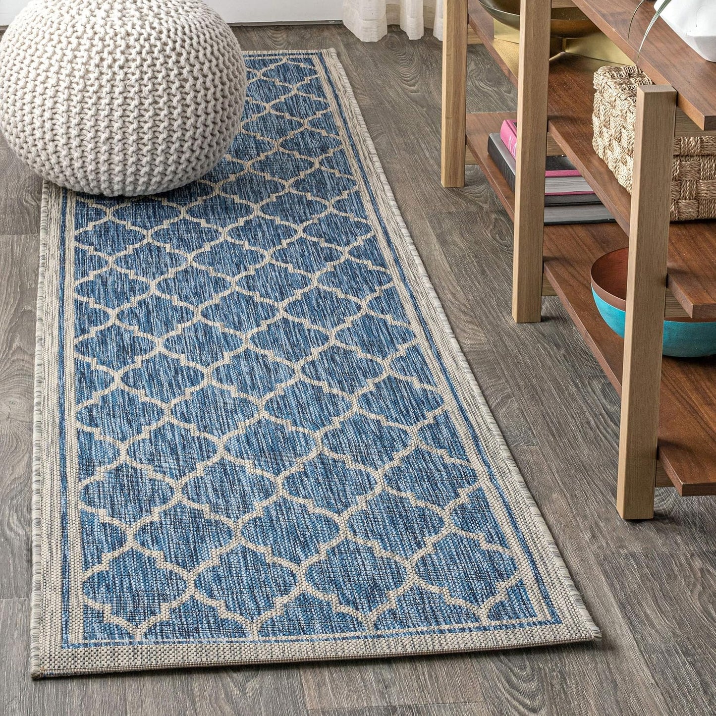 Eyely BMS109D-28 Santa Monica Trebol Moroccan Trellis Textured Weave Indoor/Outdoor Runner Rug Coastal;Bohemian, Bedroom, Backyard, Patio, Easy-Cleaning, Non-Shedding, 2 X 8, Navy/Gray