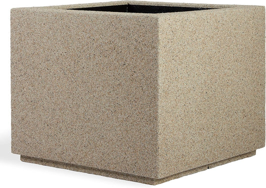 PolyStone Monterray Modern Outdoor/Indoor Square Planter, 23" L x 23" W x 19" H, Lightweight, Heavy Duty, Weather Resistant, Polymer Finish, Commercial Grade and Residential (Sandstone Granite)