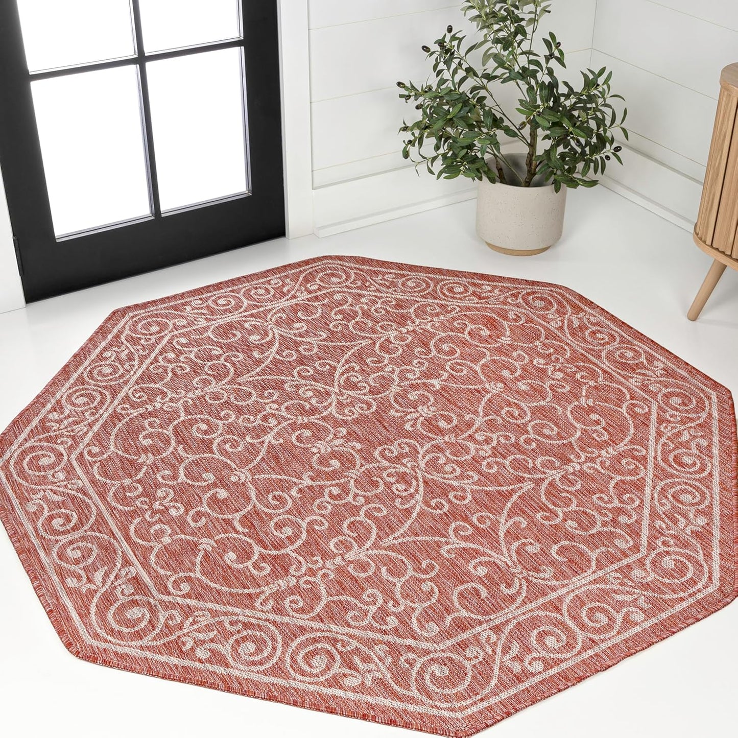JONATHAN Y SMB106B-5TGN Charleston Vintage Filigree Textured Weave Red/Beige 5' Octagon Indoor/Outdoor Area Rug, Non-Shedding, Stain Resistant,Fade Resistant, Easy-Cleaning for Backyard Patio, Porch