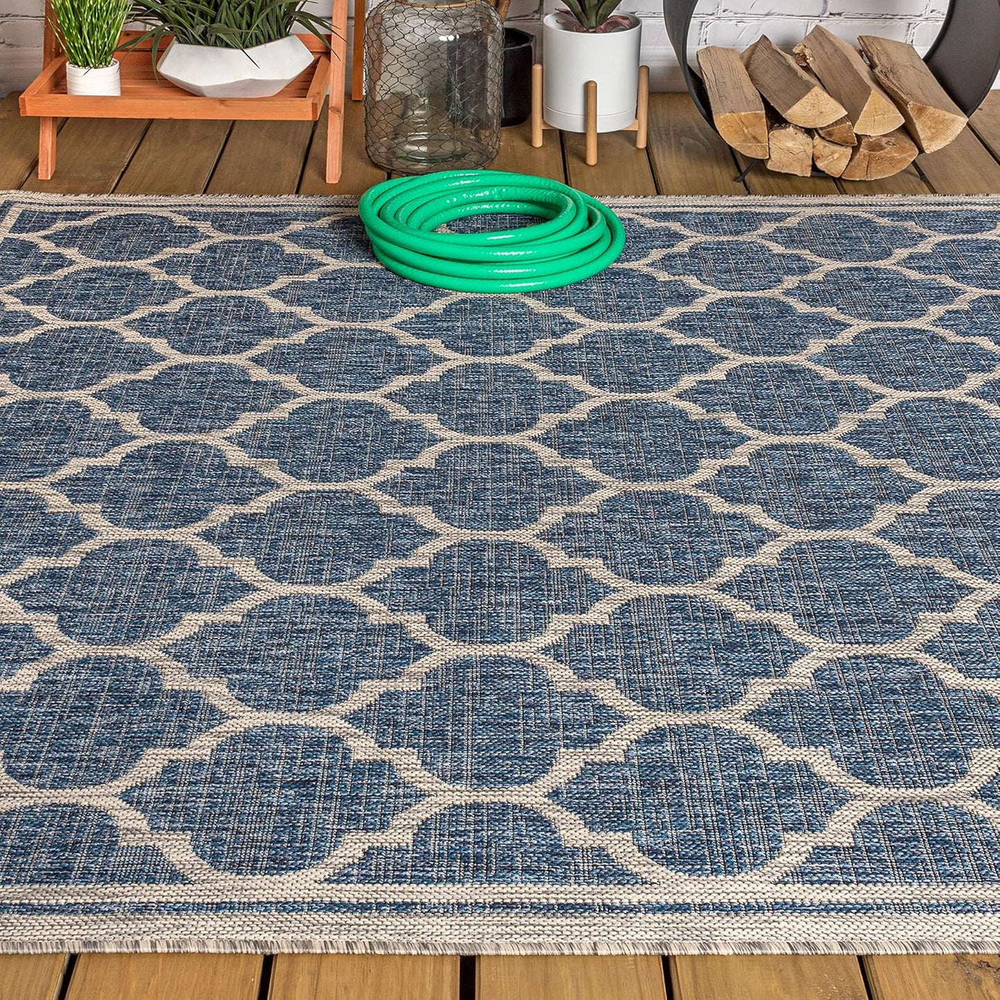 Eyely BMS109D-3 Santa Monica Trebol Moroccan Trellis Textured Weave Indoor/Outdoor Area Rug Coastal;Bohemian, Bedroom, Backyard, Patio, Easy-Cleaning, Non-Shedding, 3 X 5, Navy/Gray
