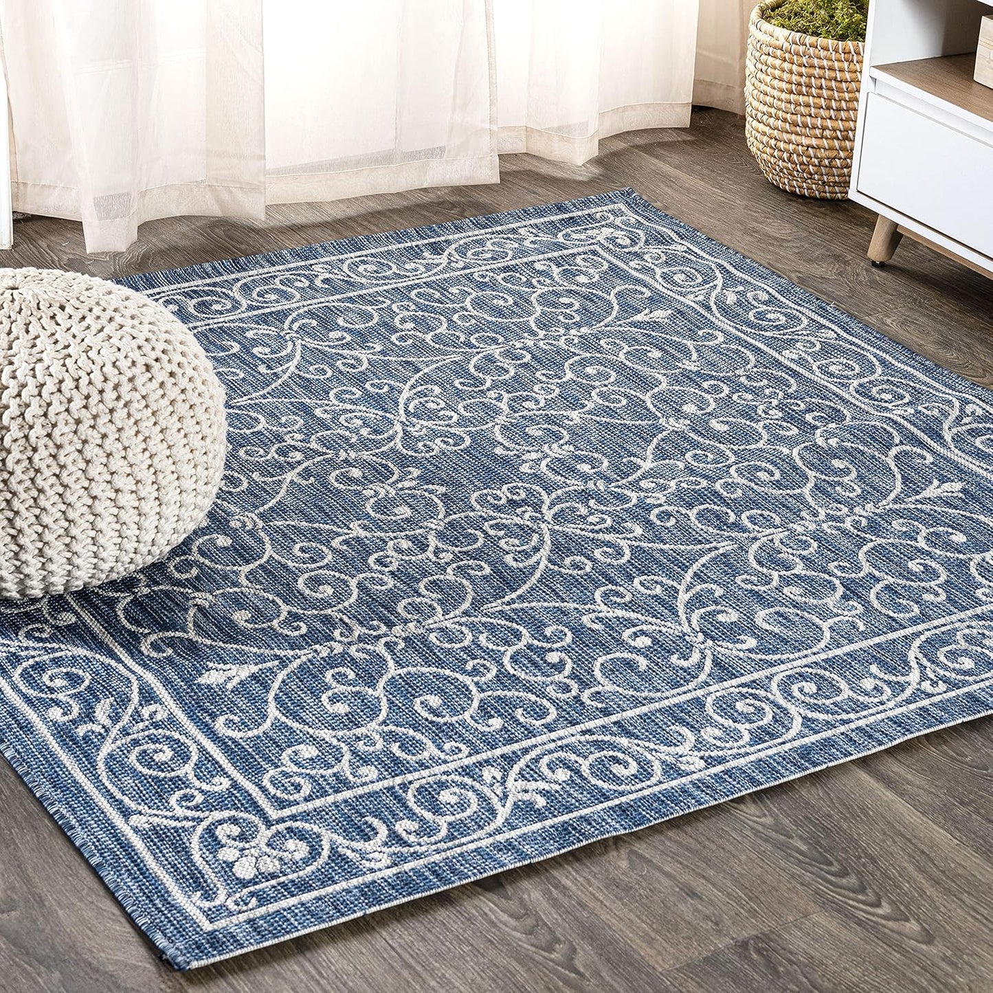 JONATHAN Y SMB106D-4SQ Charleston Vintage Filigree Textured Weave Navy/Gray 4' Square Indoor/Outdoor Area Rug, Pet Friendly, Non-Shedding, Stain Resistant, Easy-Cleaning for Backyard, Patio, Porch