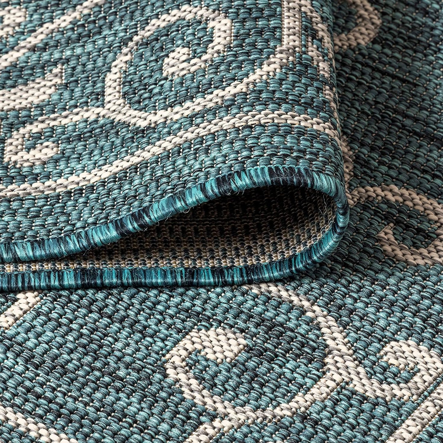 JONATHAN Y SMB106F-5R Charleston Vintage Filigree Textured Weave Indoor Outdoor Area Rug Classic Coastal Easy-Cleaning Bedroom Kitchen Backyard Patio Non Shedding, 5' Round, Teal/Gray