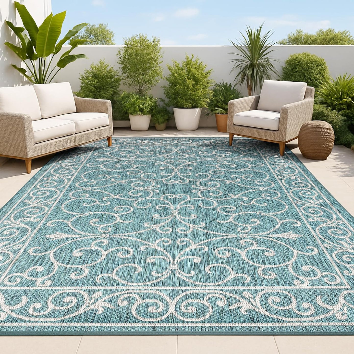 JONATHAN Y SMB106F-8 Charleston Vintage Filigree Textured Weave Indoor/Outdoor Teal/Gray 8 ft. x 10 ft. Area Rug, Classic,Easy Cleaning,HighTraffic,LivingRoom,Backyard, Non Shedding