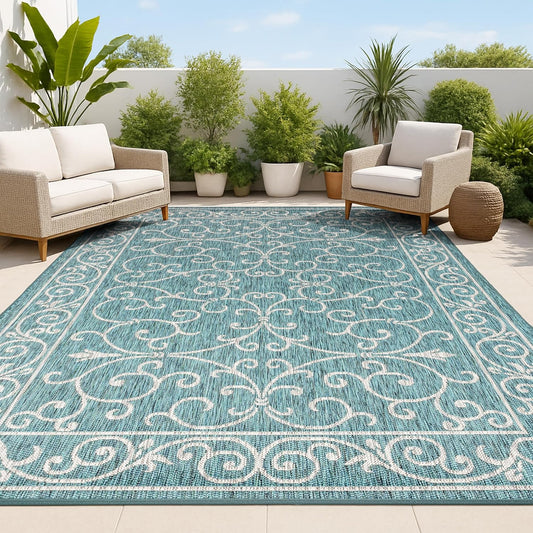 JONATHAN Y SMB106F-3 Charleston Vintage Filigree Textured Weave Indoor Outdoor Area Rug Classic Coastal Easy Cleaning Bedroom Kitchen Backyard Patio Non Shedding, 3 X 5, Teal/Gray