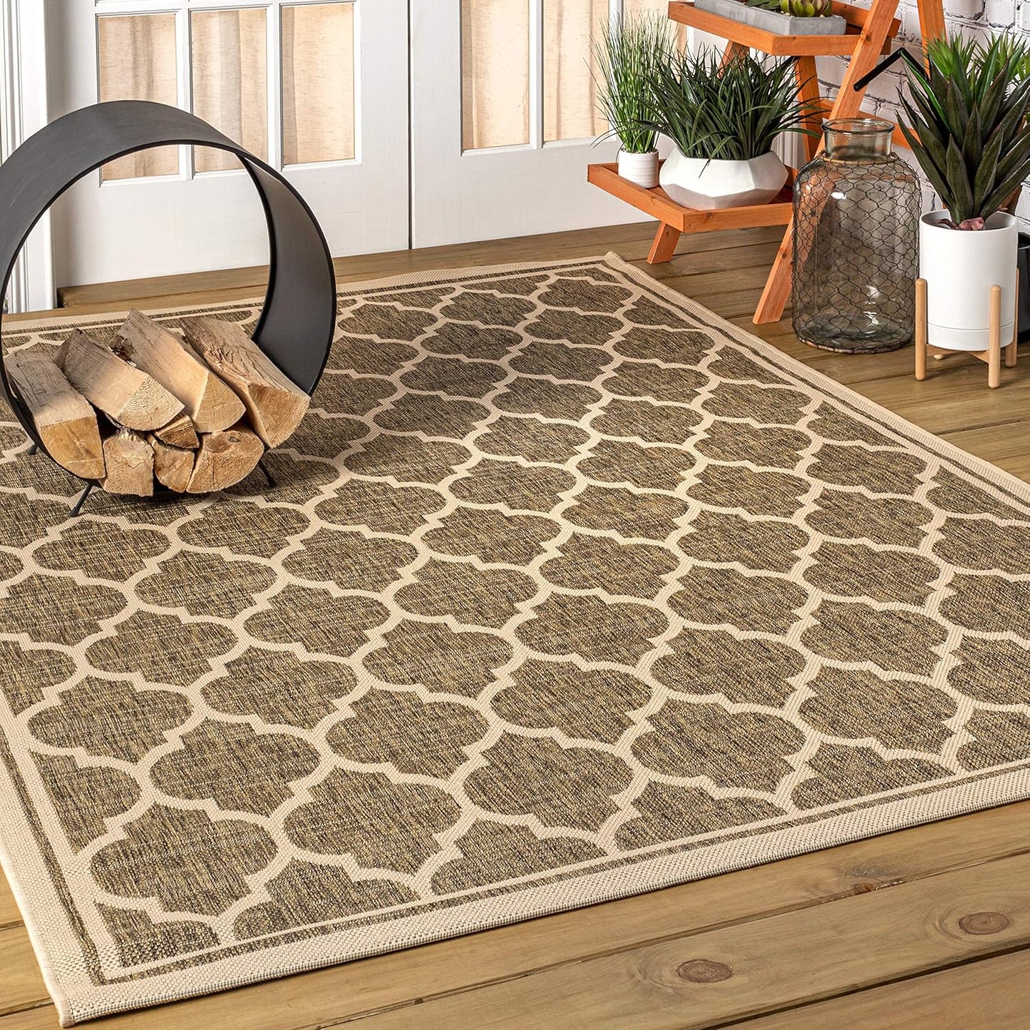 Eyely BMS109A-4 Santa Monica Trebol Moroccan Trellis Textured Weave Indoor/Outdoor Area Rug Coastal;Bohemian, Bedroom, Backyard, Patio, Easy-Cleaning, Non-Shedding, 4 X 6, Brown/Beige