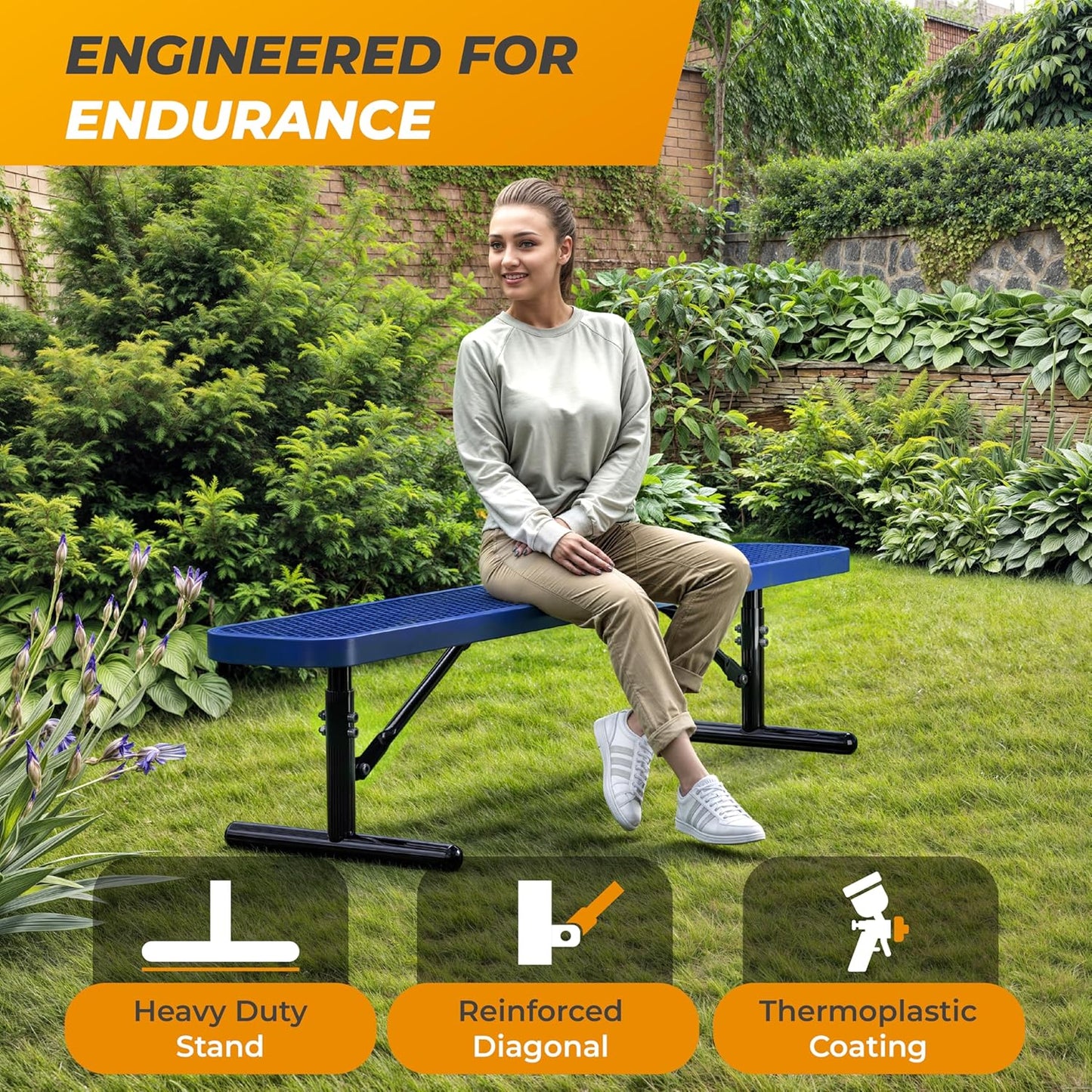 Heavy-Duty Outdoor Metal Bench, Thermoplastic-Coated, Portable, Weatherproof, Commercial-Grade for Parks, Gardens, Patios, Stores & More (6 Ft - Portable, Blue)