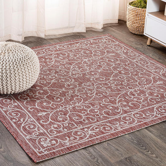 JONATHAN Y SMB106B-6SQ Charleston Vintage Filigree Textured Weave Red/Beige 6' Square Indoor/Outdoor Area Rug, Pet Friendly, Non-Shedding, Stain Resistant, Easy-Cleaning for Backyard, Patio, Porch