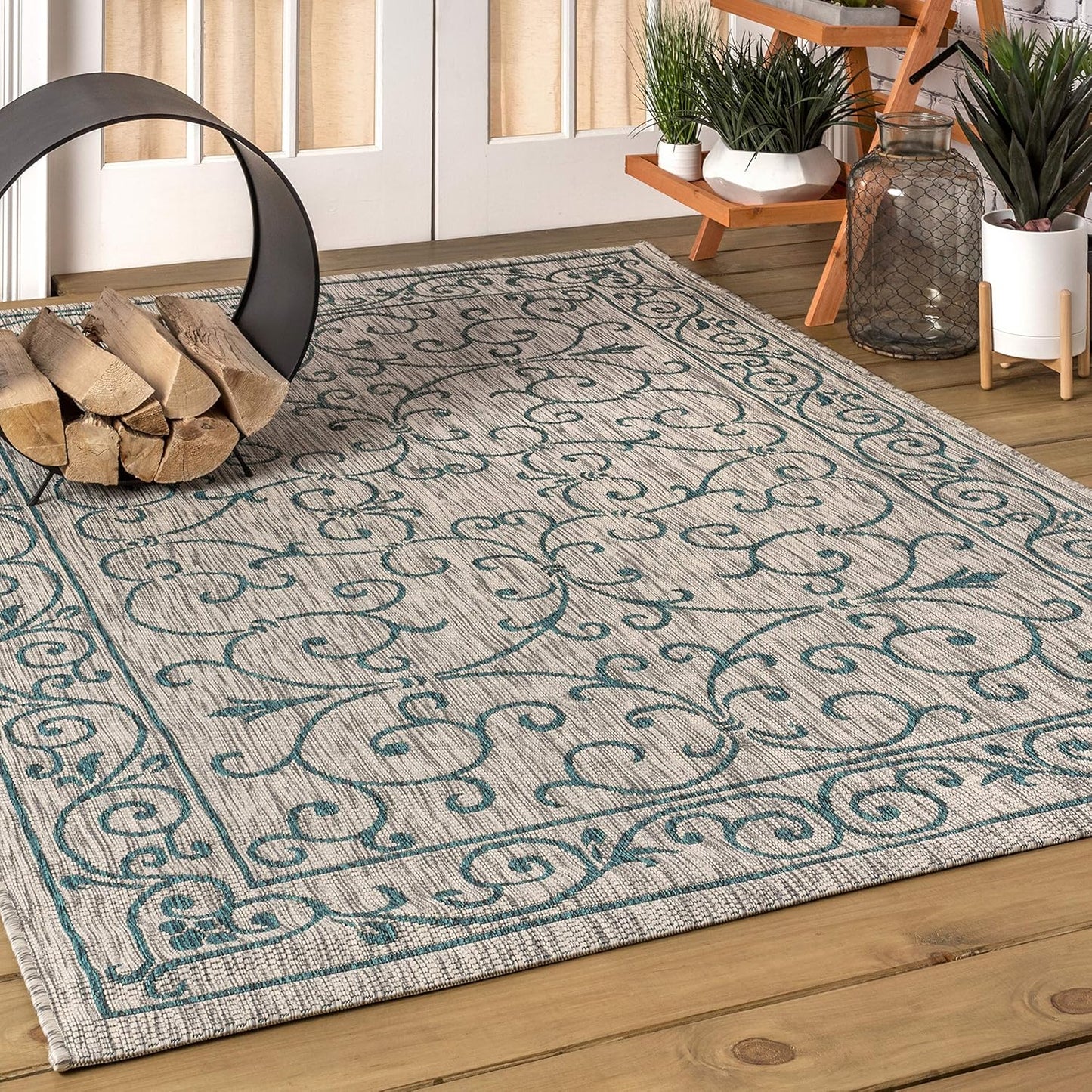 JONATHAN Y SMB106E-9 Charleston Vintage Filigree Textured Weave Gray/Teal 9 ft. x 12 ft. Indoor/Outdoor Area Rug, Pet Friendly, Non-Shedding, Stain Resistant, Easy-Cleaning for Backyard, Patio, Porch