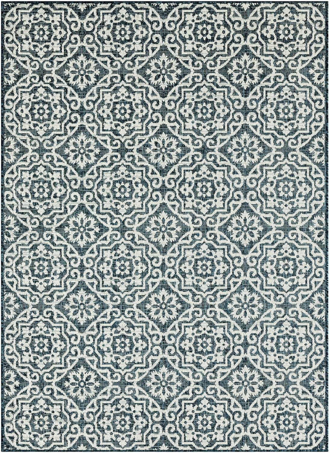 Nicole Miller New York Patio Country Julia Transitional Geometric Indoor/Outdoor Area Rug, Blue/White, 7'9"x10'2"