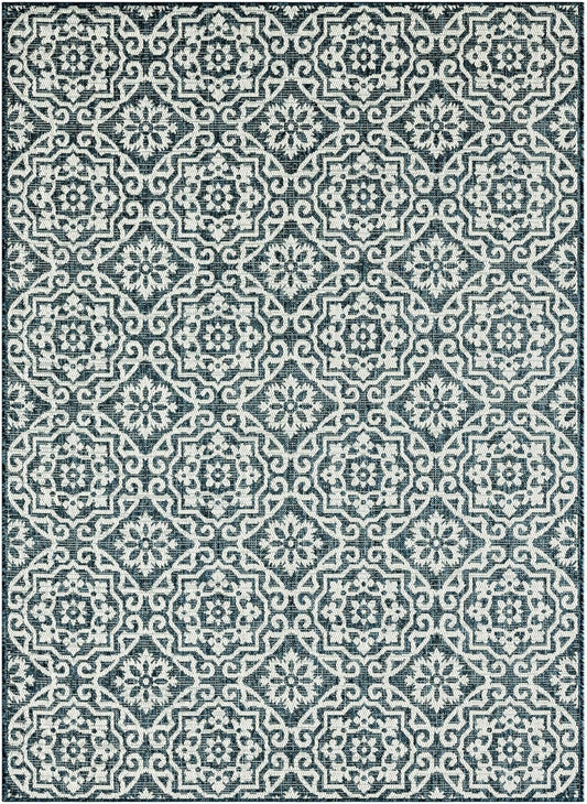 Nicole Miller New York Patio Country Julia Transitional Geometric Indoor/Outdoor Area Rug, Blue/White, 7'9"x10'2"