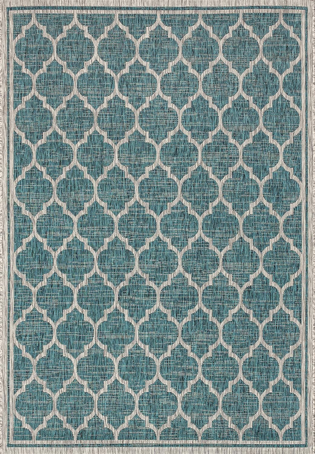 Eyely BMS109E-9 Santa Monica Trebol Moroccan Trellis Textured Weave Indoor/Outdoor Area Rug Coastal;Bohemian, Bedroom, Backyard, Patio, Easy-Cleaning, Non-Shedding, 9 X 12, Teal/Gray