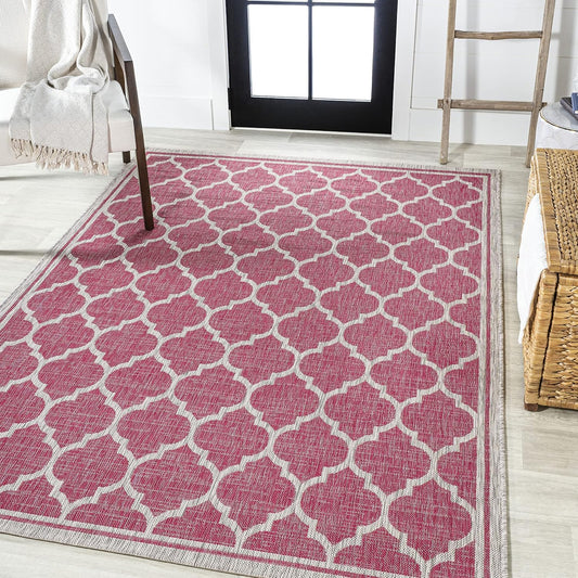 Eyely BMS109H-3 Santa Monica Trebol Moroccan Trellis Textured Weave Indoor/Outdoor Area Rug Coastal;Bohemian, Bedroom, Backyard, Patio, Easy-Cleaning, Non-Shedding, 3 X 5, Fuchsia/Light Gray