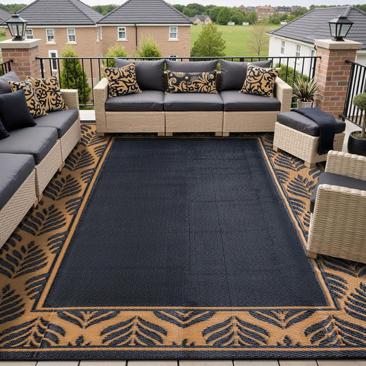 8x10 Patio Waterproof Outdoor Rug Outrside Camping Carpet RV Area Rug Reversible Brown Rugs for Deck Entryance Porch Picnic Balcony Beach