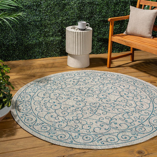 JONATHAN Y SMB106E-8R Charleston Vintage Filigree Textured Weave Gray/Teal 8' Round Indoor/Outdoor Area Rug, Pet Friendly, Non-Shedding, Stain Resistant, Easy-Cleaning for Backyard, Patio, Porch