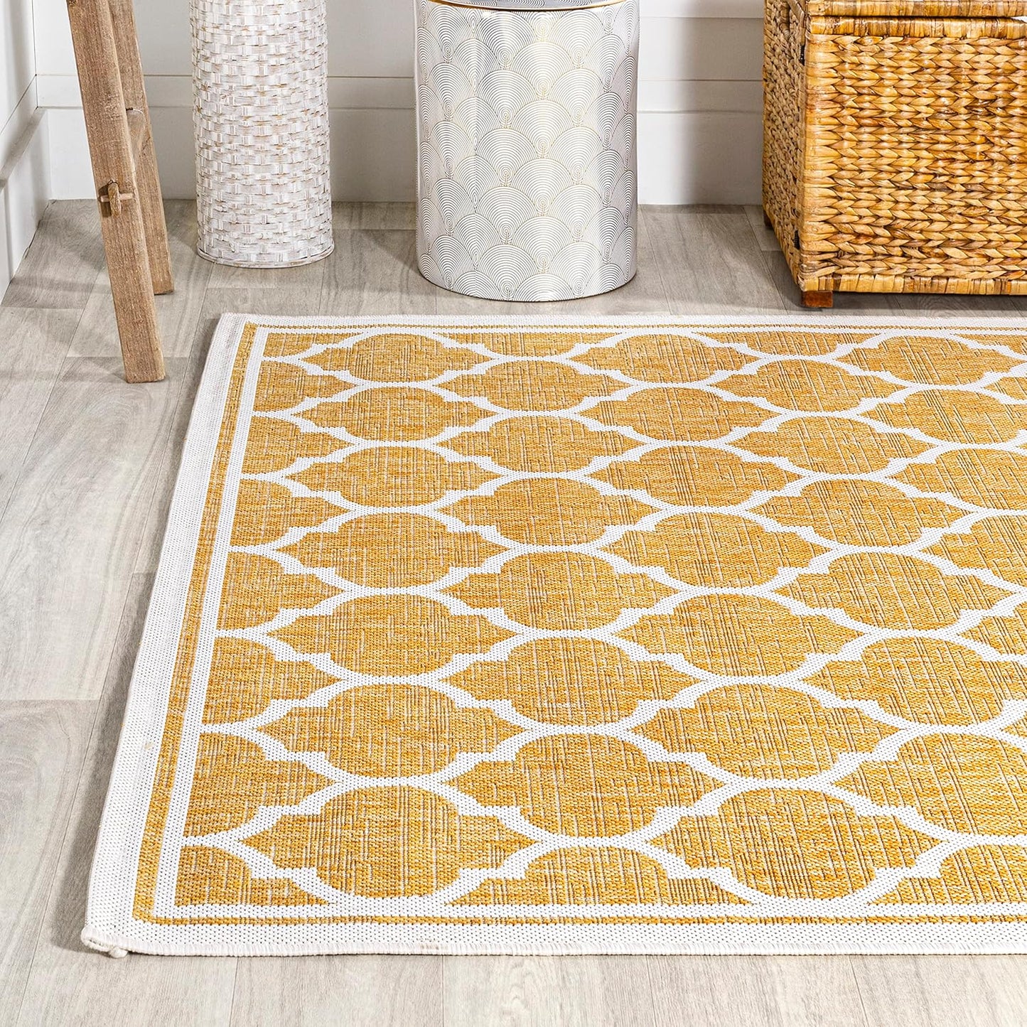 Eyely BMS109F-4 Santa Monica Trebol Moroccan Trellis Textured Weave Indoor/Outdoor Area Rug Coastal;Bohemian, Bedroom, Backyard, Patio, Easy-Cleaning, Non-Shedding, 4 X 6, Yellow/Cream